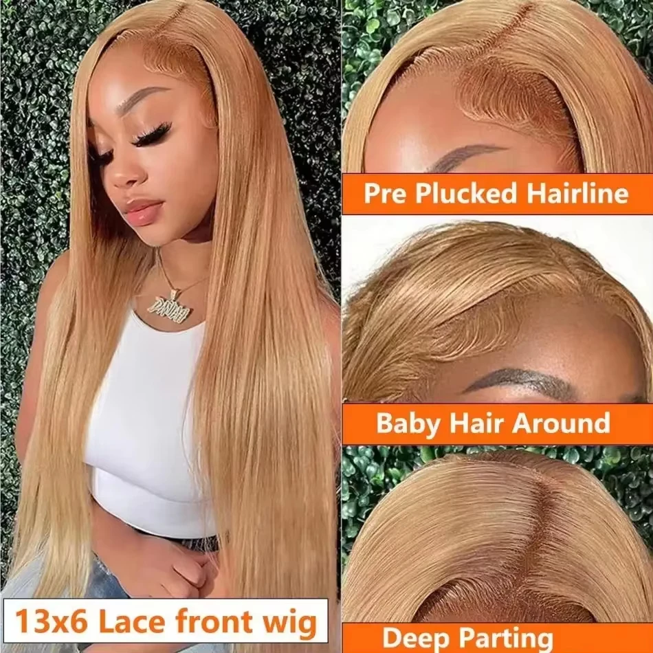 36 Inch 250% Density 27# Honey Blonde Highlight Bone Straight Human Hair Wigs 13x6 Ultra-Thin HD Lace Frontal Bleached Knots 4