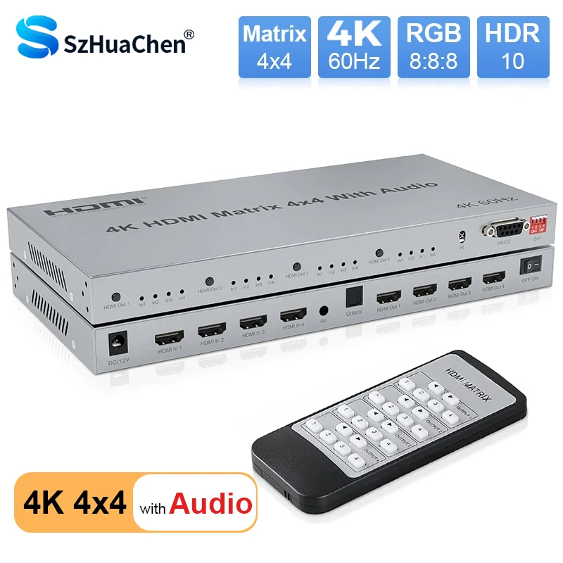 

4x4 HDMI-совместимый переключатель с реальной матрицей, 4 в 4 выхода, 4K 60 Гц, HDMI матричный распределитель переключатель с аудио RS232 для ПК, телевизора