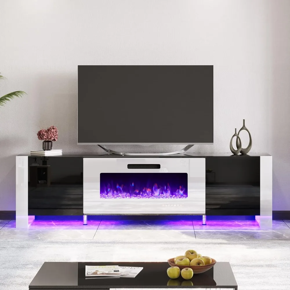 Fireplace TV Stand with 36" Fireplace, 70" Modern High Gloss Entertainment Center LED Lights, U-Shaped Legs TV Console Cabinet 2