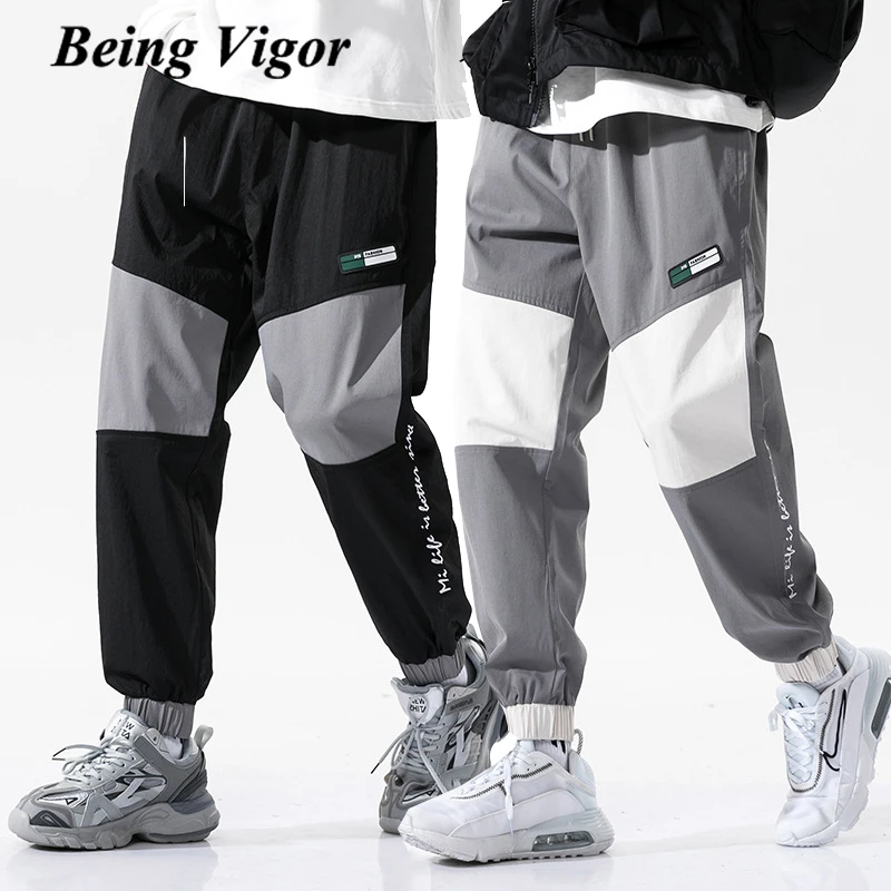 men's casual pants not jeans Being Vigor Ankle Length Patchwork Printed Mens Cargo Pants High Street Hip Hop Loose Jogger Sweat Pant Casual Track Long Pants casual slacks