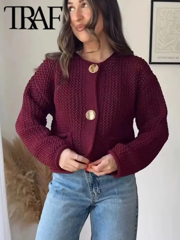 TRAF Autumn Winter Knitted Cardigans For Women Casual Button Long Sleeve Female Sweater 2024 Fashion Loose Lady Cardigans Coat 3