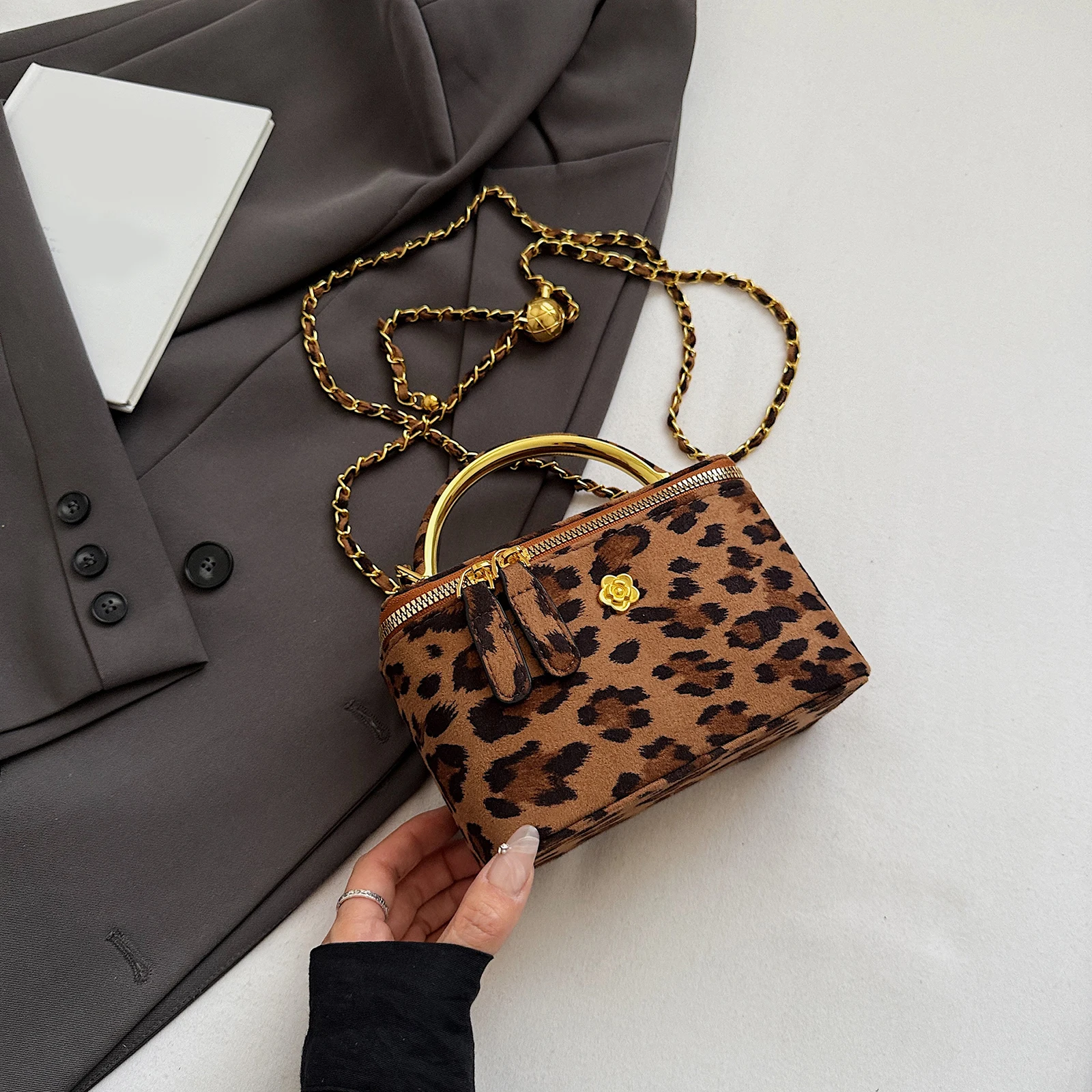 Faux Suede Leopard Print Handbag Large Crossbody Bag with Handle Makeup Bag for Women Work Shopping Travel Daily