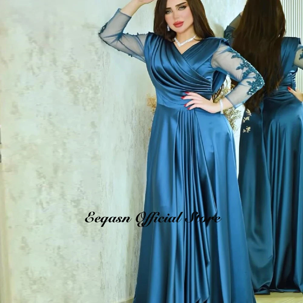 Maßgeschneiderte Abendkleider aus Stretch-Satin mit langen Ärmeln und V-Ausschnitt, Ballkleider für arabische Frauen, formelle Party-Anlässe – Detail 8