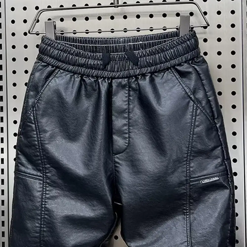 Description Picture 3 of itemVelvet Pants Faux Leather Trousers Windproof Waterproof Faux Leather Men's Pants with Elastic Waist for Cycling for Winter