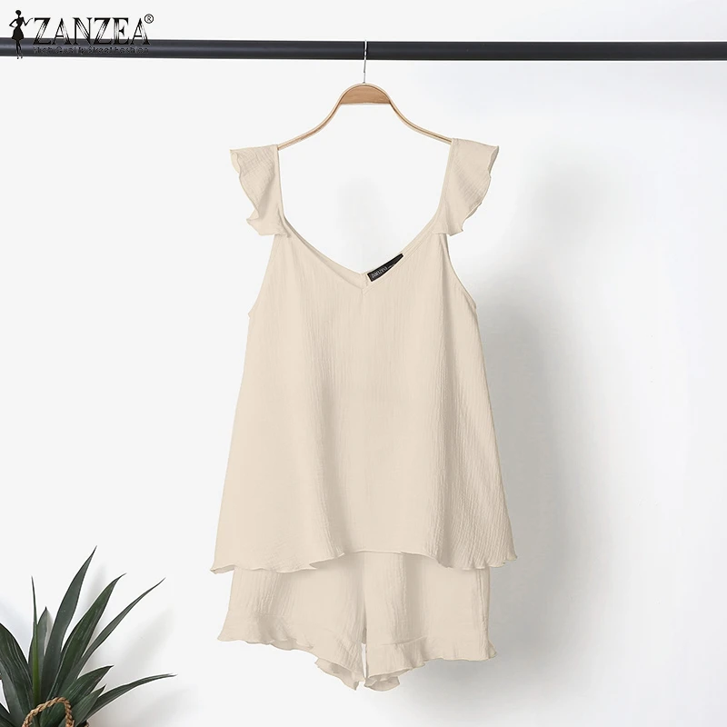 2PCS kaftan Women Sets ZANZEA 2022 Casual Sleeveless Ruffles Blouses and Short Sets Female Solid Tops Elastic Waist Cotton Suits two piece skirt and top Women's Sets