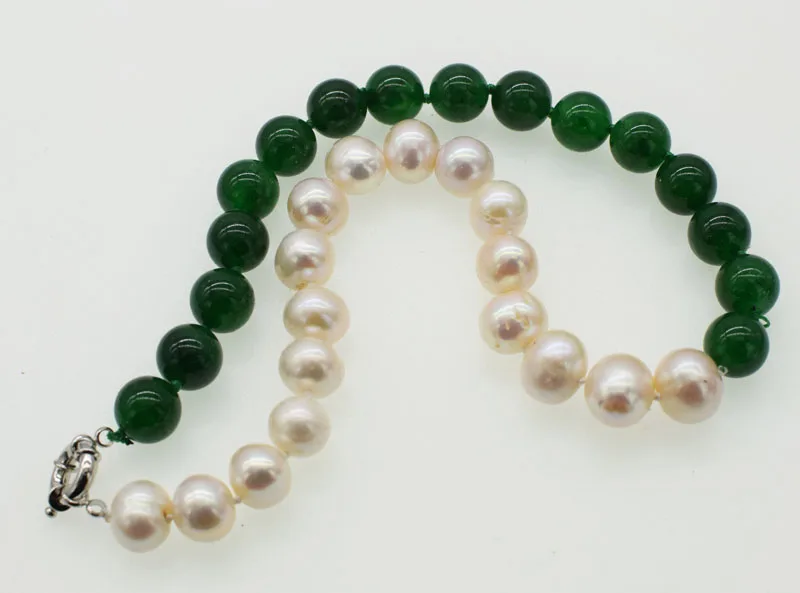 UNIQUE!green jade round and freshwater pearl white near round 12mm 18inch   wholesale beads nature