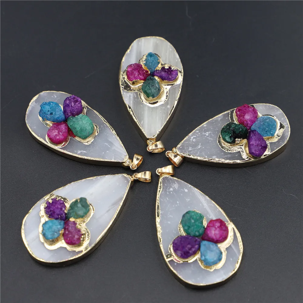 Natural Stone Rectangle Plaster Gypsum Ore Colorful Agate Pendants Making Plated Drop Gold Necklace Women Jewelry Wholesale 5PCS