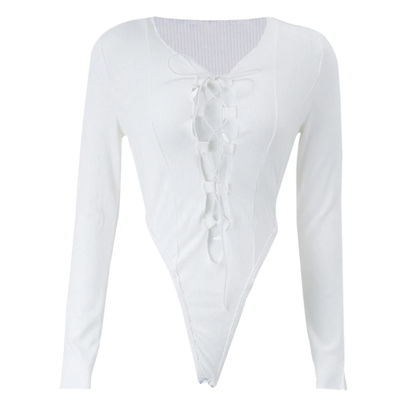 

Women One Piece Sexy Ribbed Tie Up Outfit Crisscross Front Deep V Neck Wrap Over