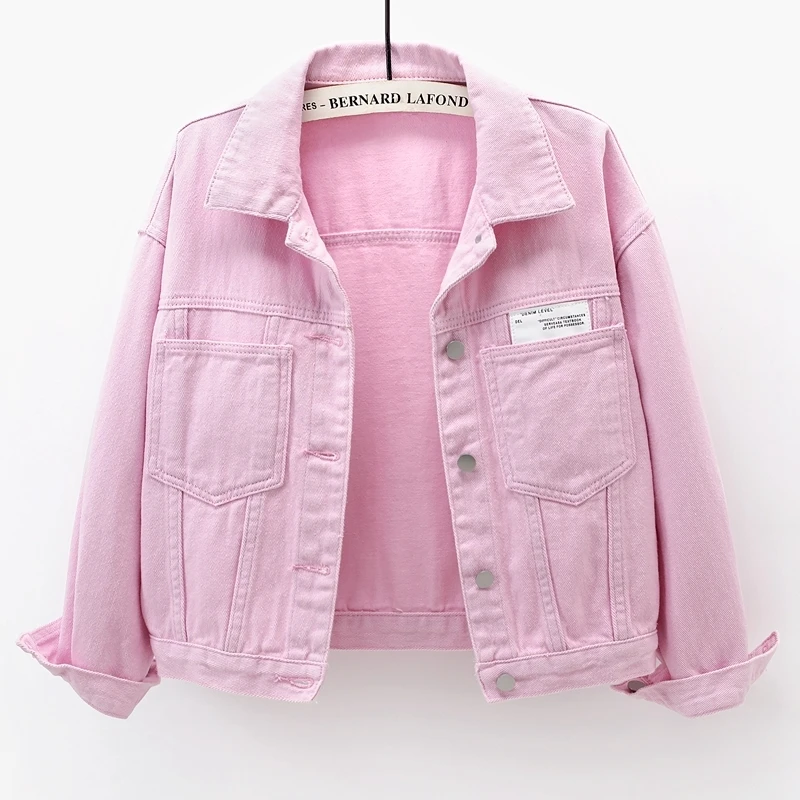 

Korean Fashion Pink Denim Jacket Women Slim Short Student Cowboy Outerwear Autumn Long Sleeve Big Pocket Jeans Jackets Female