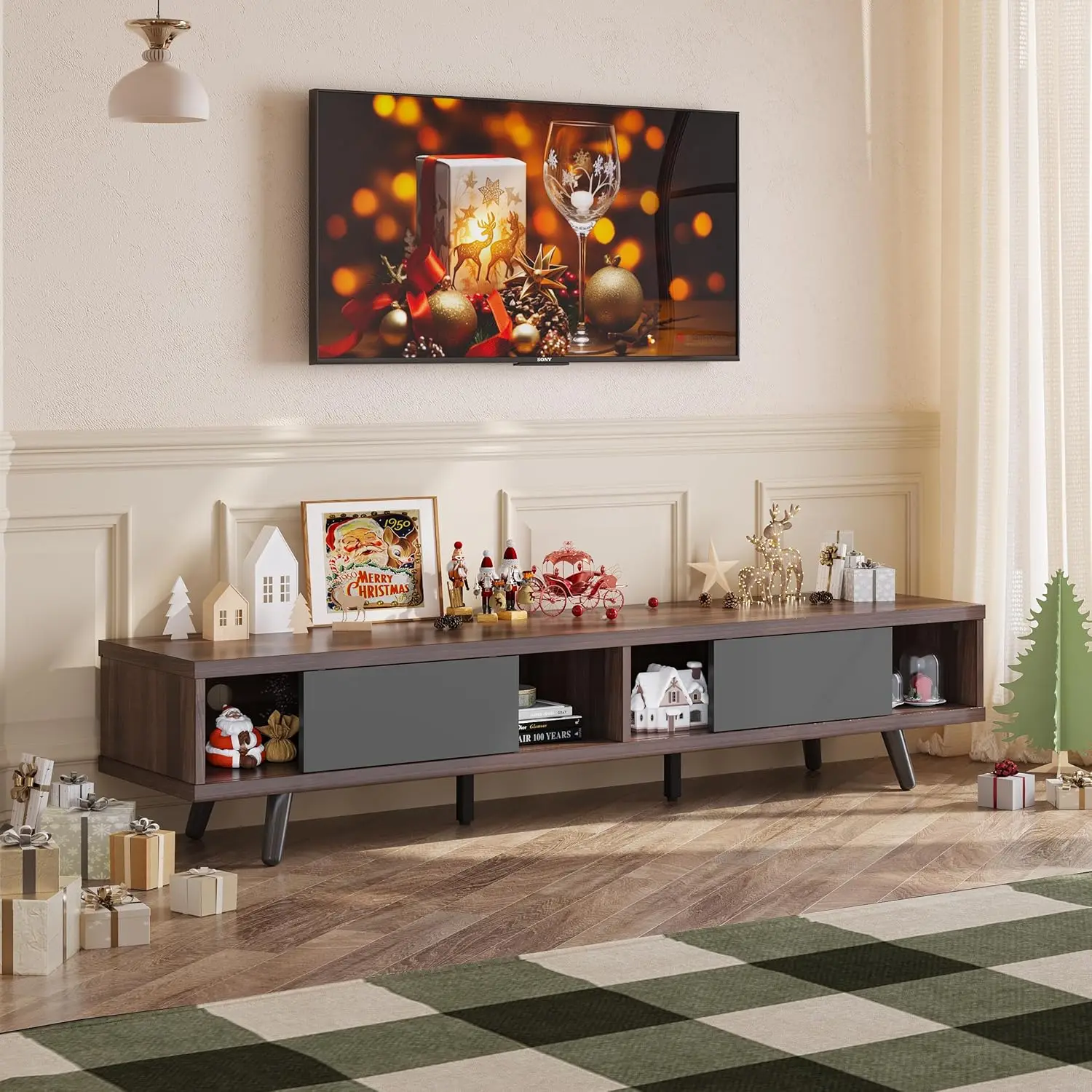 inch Mid Century Modern TV Stand for 75 inch TV, Low Profile TV Stand with Storage, Entertainment Center for Living Room, Cord M