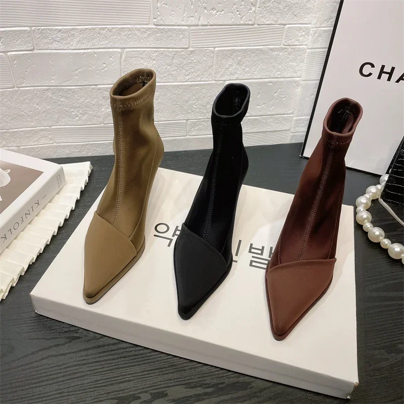 Sexy Pointed Toe High Heels Lady Boots Fashion Elegant Satin Pointed Toe Ankle Boots Famale Thin Stretch Sock Boots Women Shoes