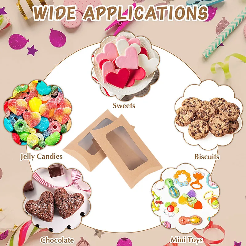 20/10pcs Pillow Shape Cookie Candy Box with Window Wedding Christmas Kraft Paper Gift Packaging Boxes Birthday Party Supplies