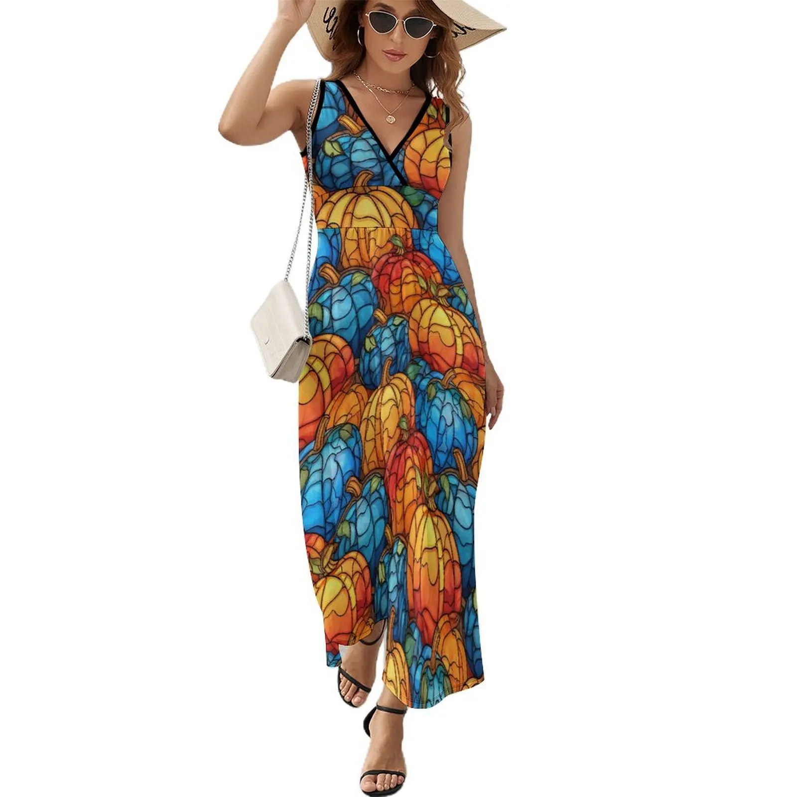 

Stained Glass Pumpkins Dress Summer Blue And Oranger Aesthetic Bohemia Long Dresses Female High Waist Custom Beach Maxi Dress