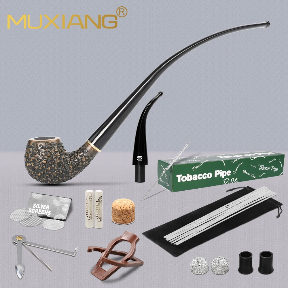MUXIANG 담배 파이프, 손으로 조각한 브라이어 파이프 세트, 청소 액세서리가 있는 긴 독서 파이프, 9mm 파이프 채널