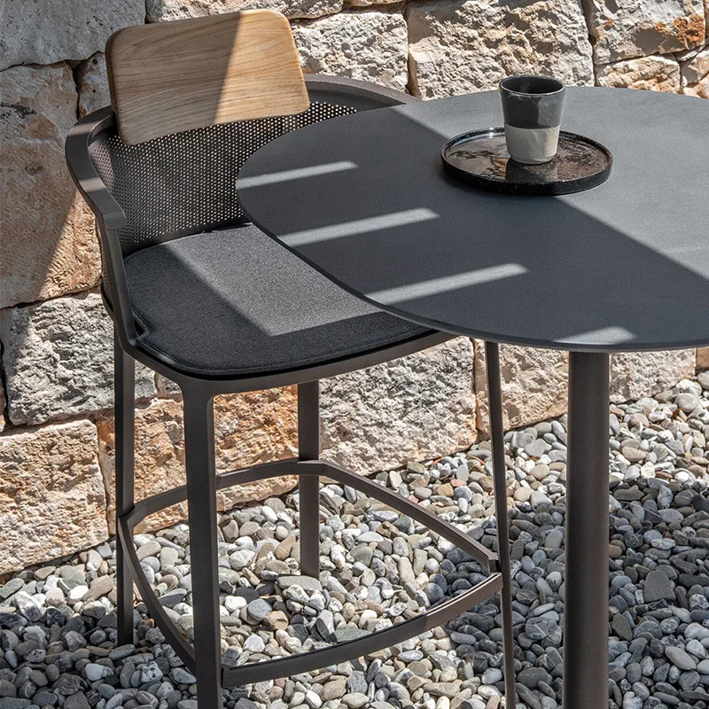 

Modern simple balcony courtyard leisure rattan chair bar metal high stool hotel club bar table and chair combination