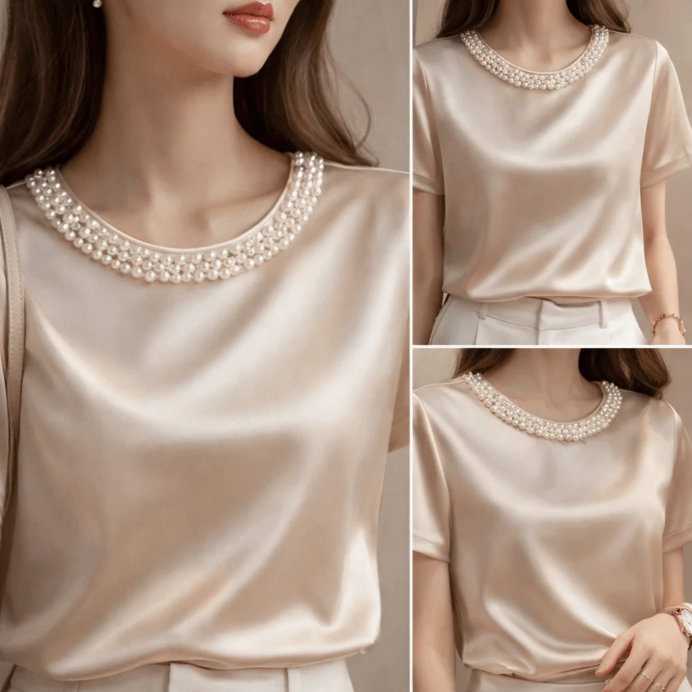 Leichtes Luxus-T-Shirt aus Satinseide, elegantes Sommer-Oberteil für Damen im französischen Stil, Kurzarm-Top, Bürokleid