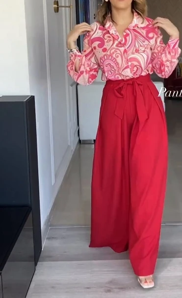 Commuting Style 2024 Spring/summer for Women's Two-Piece Casual Daily Long Sleeved Shirt High Waisted Lace Up Wide Leg Pants Set