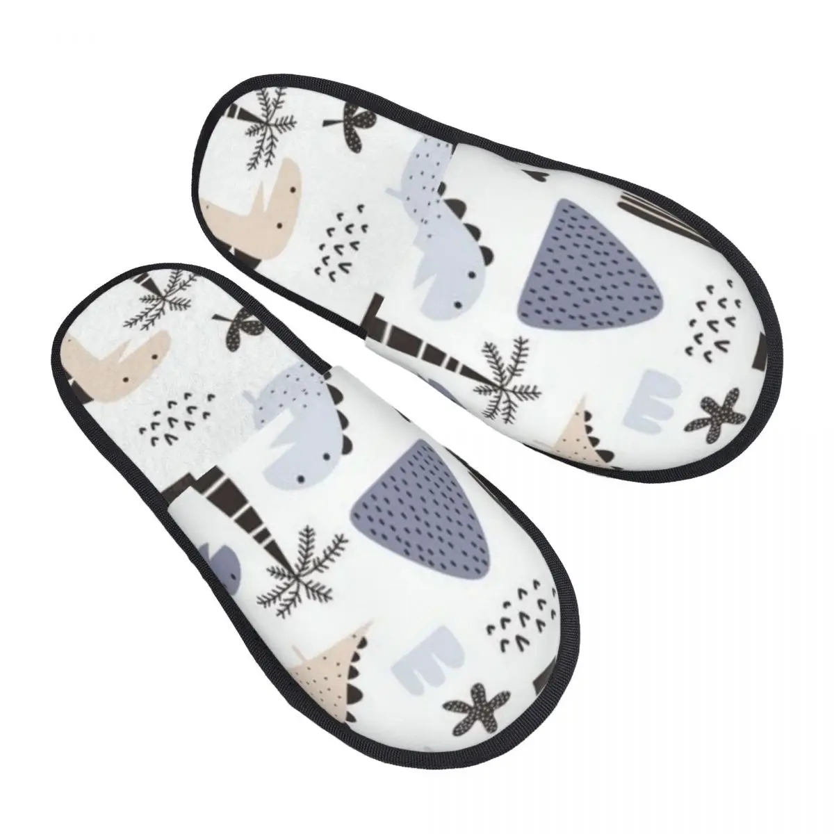 

Winter Women Men Non-Slip Flat Slippers Dino Scandinavian Indoor Fur Soft Warm Shoes