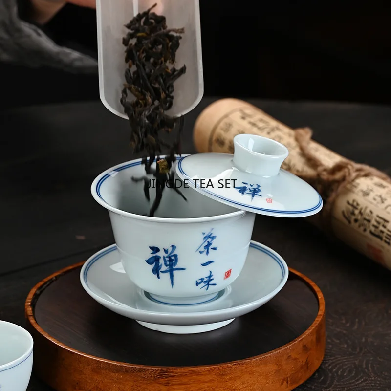 160ML creative hand-painted blue and white porcelain hovering lid bowl retro underglaze color kung fu tea set