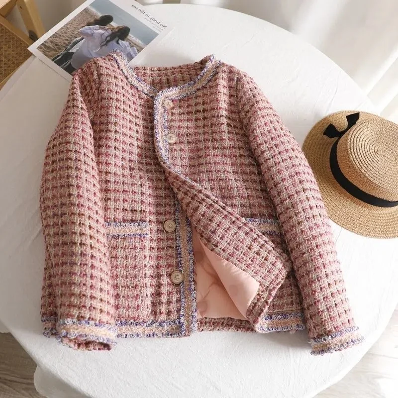 

Женский твидовый пуховик в шотландскую клетку, теплая куртка из твида на зиму, 2023