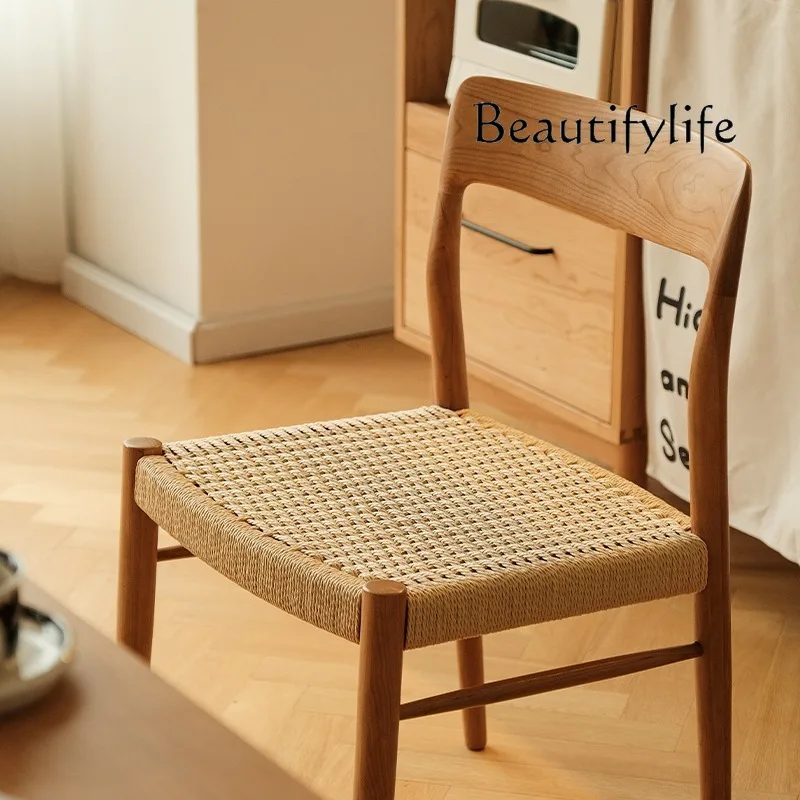 

Retro Simple Solid Wood Home Mid-Ancient Dining Table and Chair Cherry Wood Furniture Backrest Rattan Chair