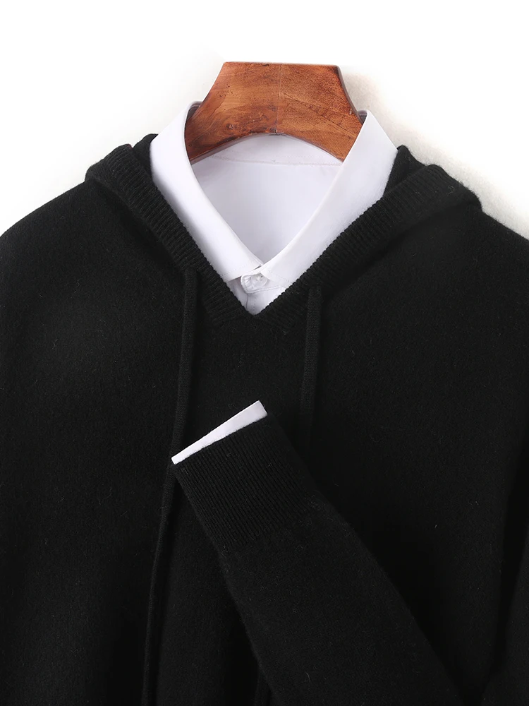 Men's 100% Wool Hooded Collar Knitted Pullover Autumn Winter New Cashmere Sweater Casual long Sleeved Hoodie Tops 6