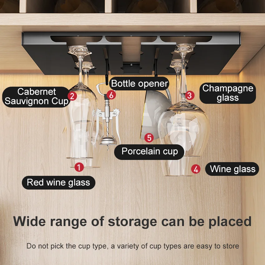 Stainless Steel Under Cabinet Wine Glass Cup Holder Space-Saving Bar Counter Shelf Storage Rack Hanging Hooks Goblet Pokal Stand 5
