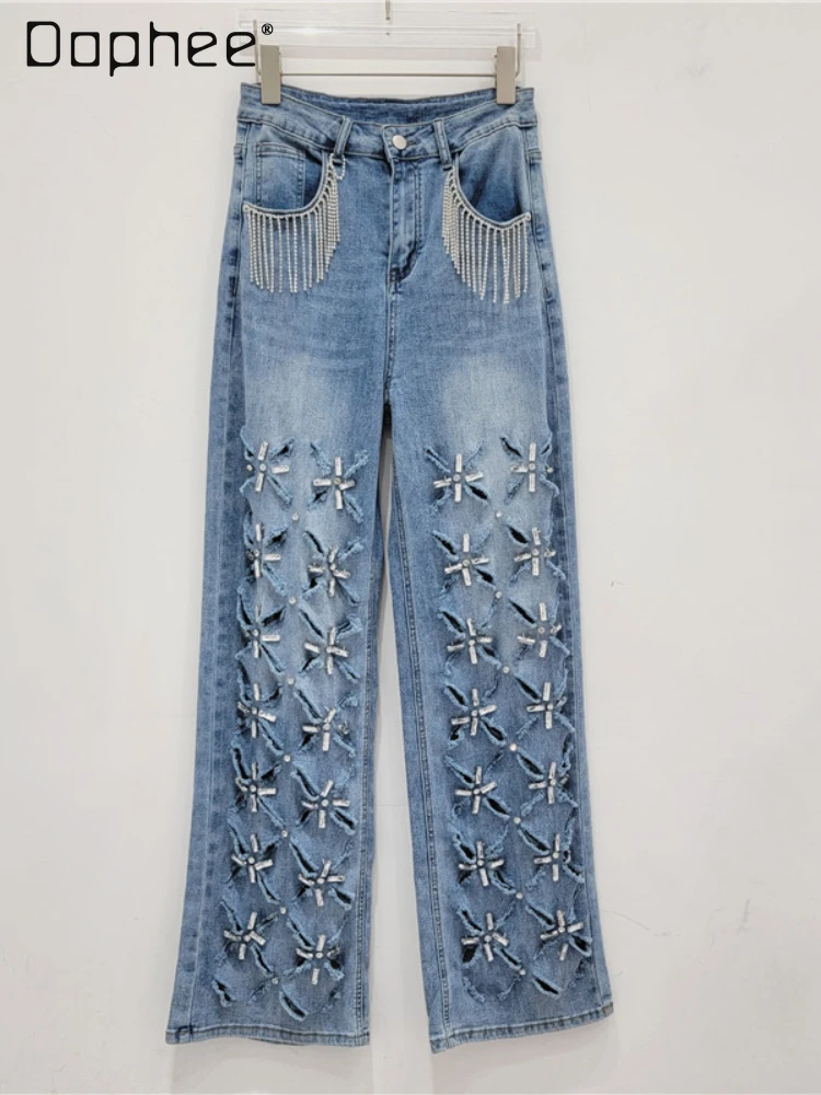 

Heavy Industry Tassel Diamond Ripped Jeans Female 2024 Spring Summer Hot Girl Hollow Straight Wide Leg Pants Loose Trousers