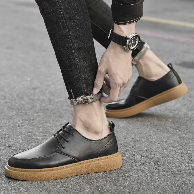 

Brand Men Genuine Leather Shoes Casual Leather Flat Designer Vulcanized Shoes British Style Thick Bottom Comfy Walking Sneakers