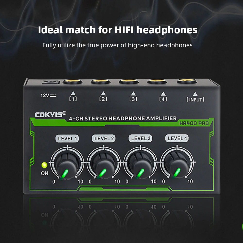 4-Channel Mini Headphone Amplifier with Power Adapter Ultra-Compact Stereo Audio Amplifier Stereo Headphone for Music