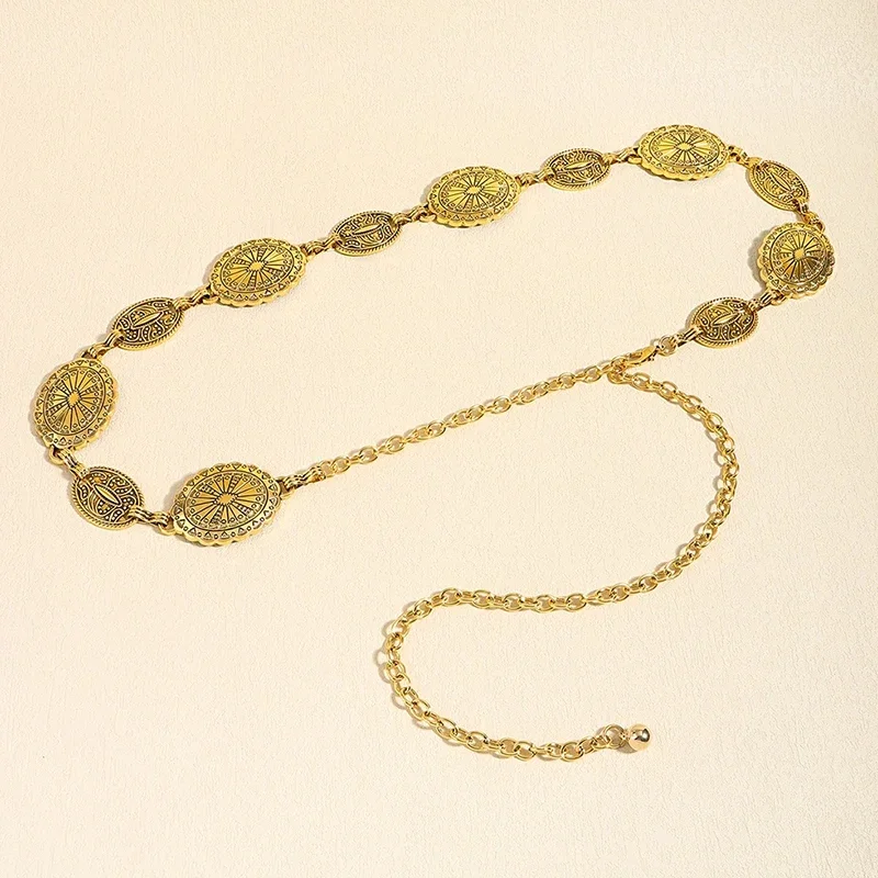 Damen-Taillenketten-Accessoires aus Metall im Retro-Stil. Dekorativer, kreisförmiger, geschnitzter Kettengürtel, Accessoires im hohen Stil – Detail 5