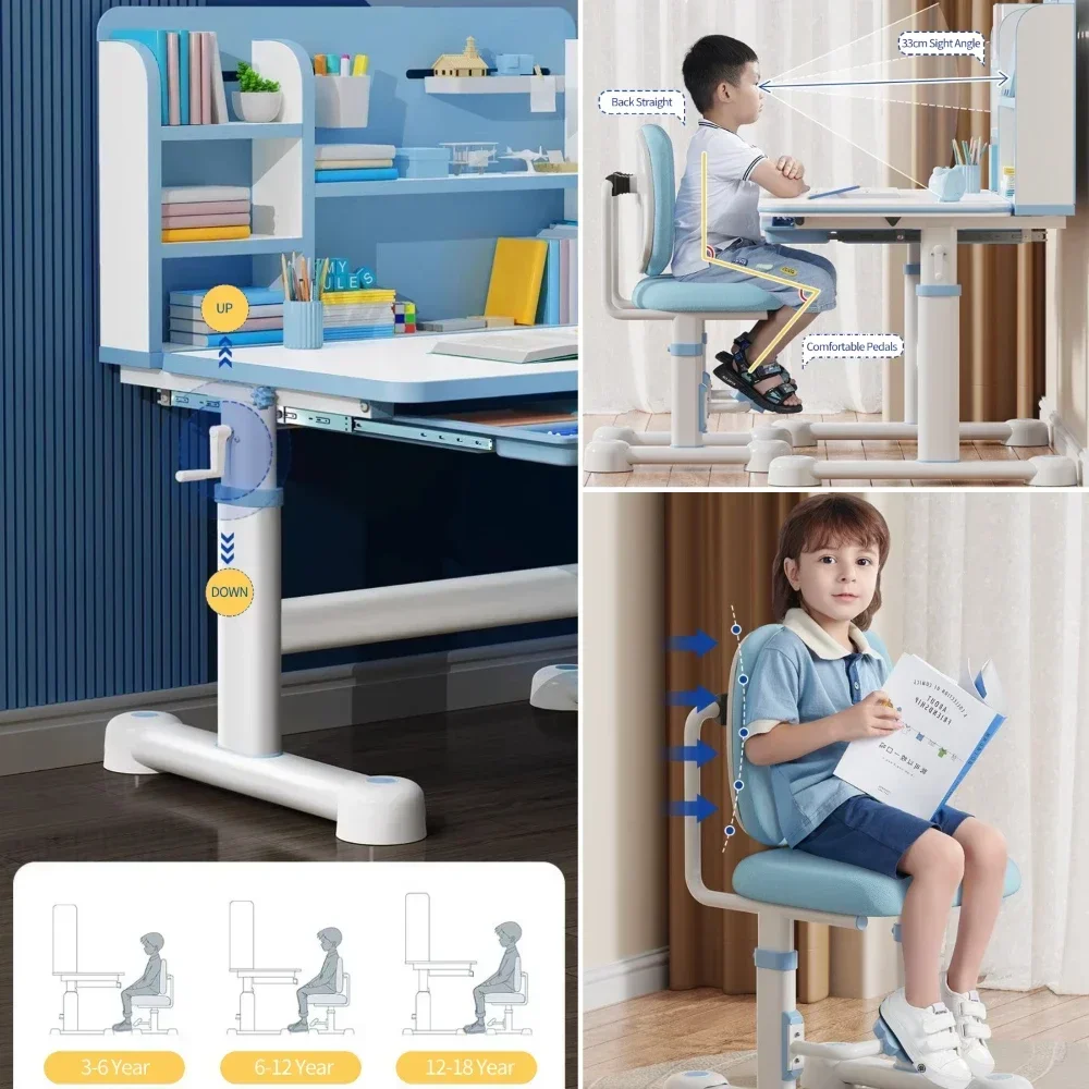 Kids Desk and Chair Set Height Adjustable, 31.5"W Ergonomic Kids School Writing Study Table Tilt Desktop Drawers Workstation