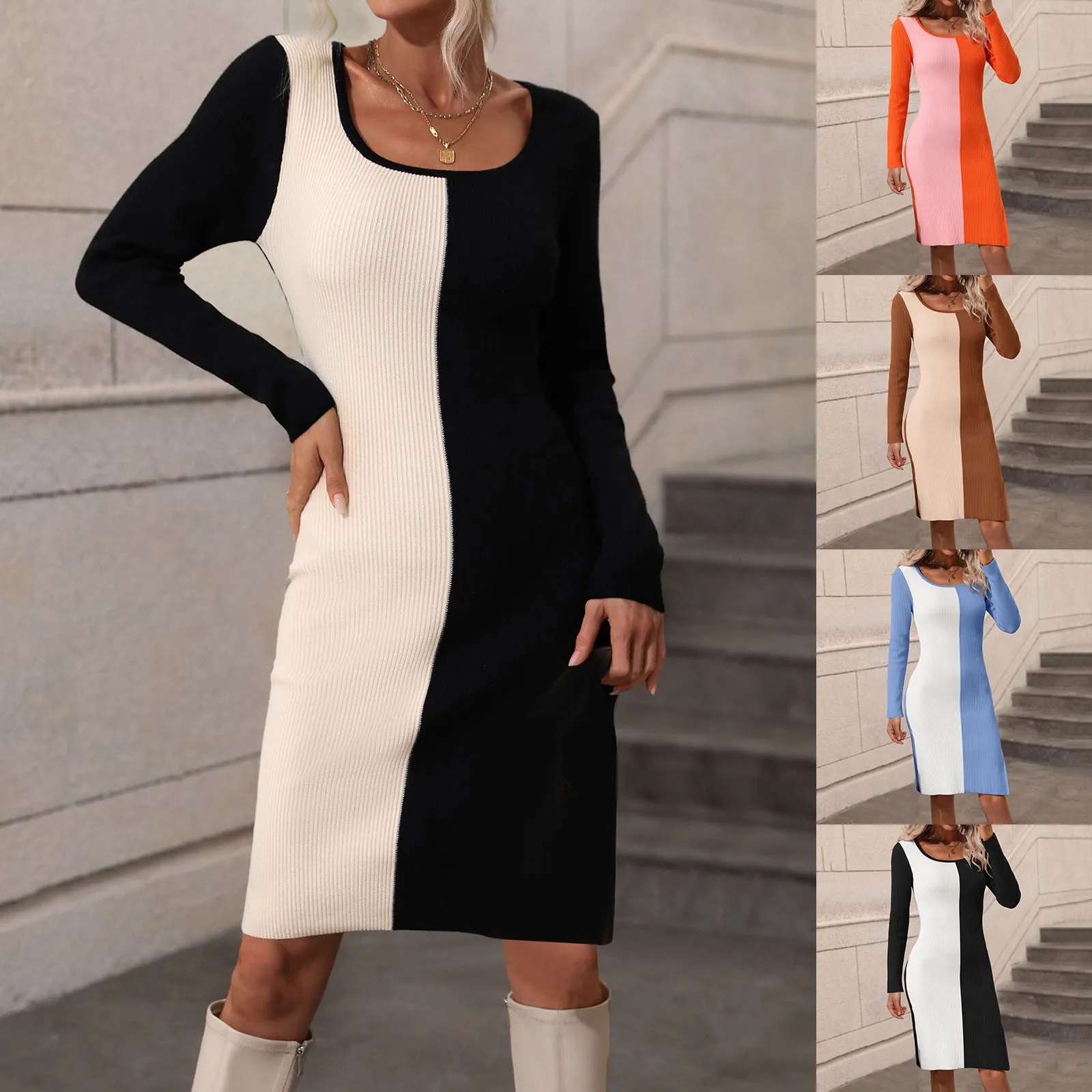 

Женское трикотажное платье-свитер средней длины, с круглым вырезом и длинным рукавом