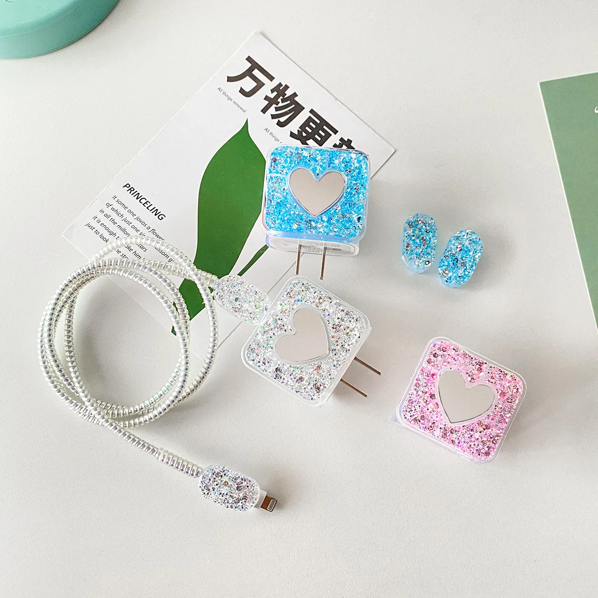 Luxucy Glitter Shiny Case For iPhone18W/20W data cable protect cover For Apple 13/11/12 charging cable winding charger head case