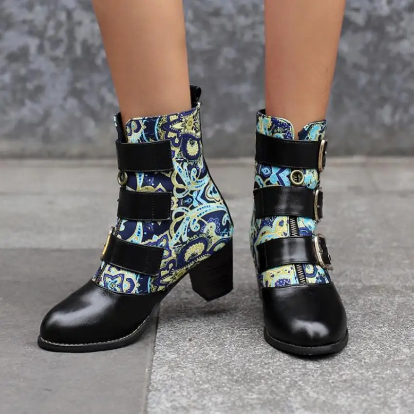 

Women Boots 2023 Winter Fashion High-Heel Women Shoes Belt Buckle Print Elegant Front Zip Ankle Boots Large Size 48 Dropshopping