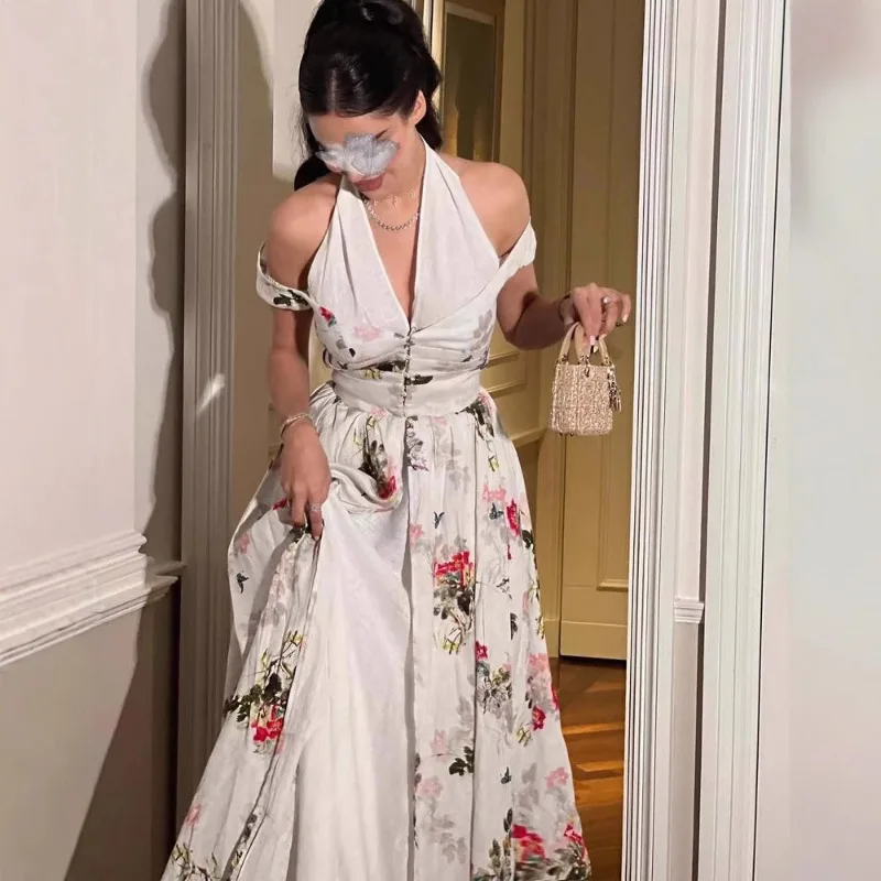 Floral Printed Women Long Maxi Dress Off Shoulder Halter Neck