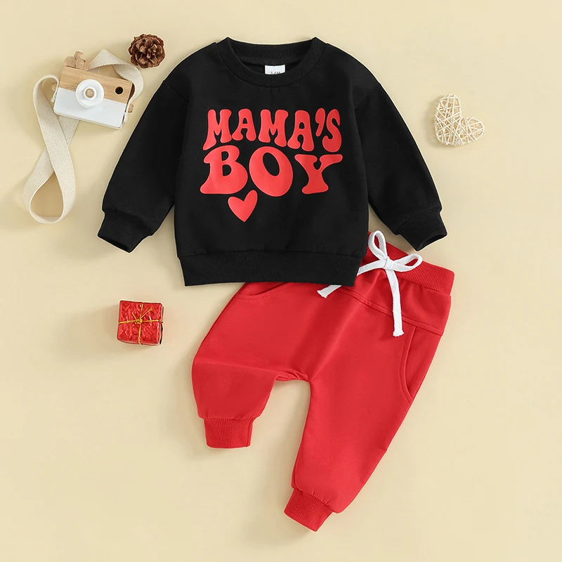 

Infant Baby Boy Valentine s Day Outfit Mama s Boy Print Shirts Crewneck Sweatshirt Jogger Pants Valentines Clothes