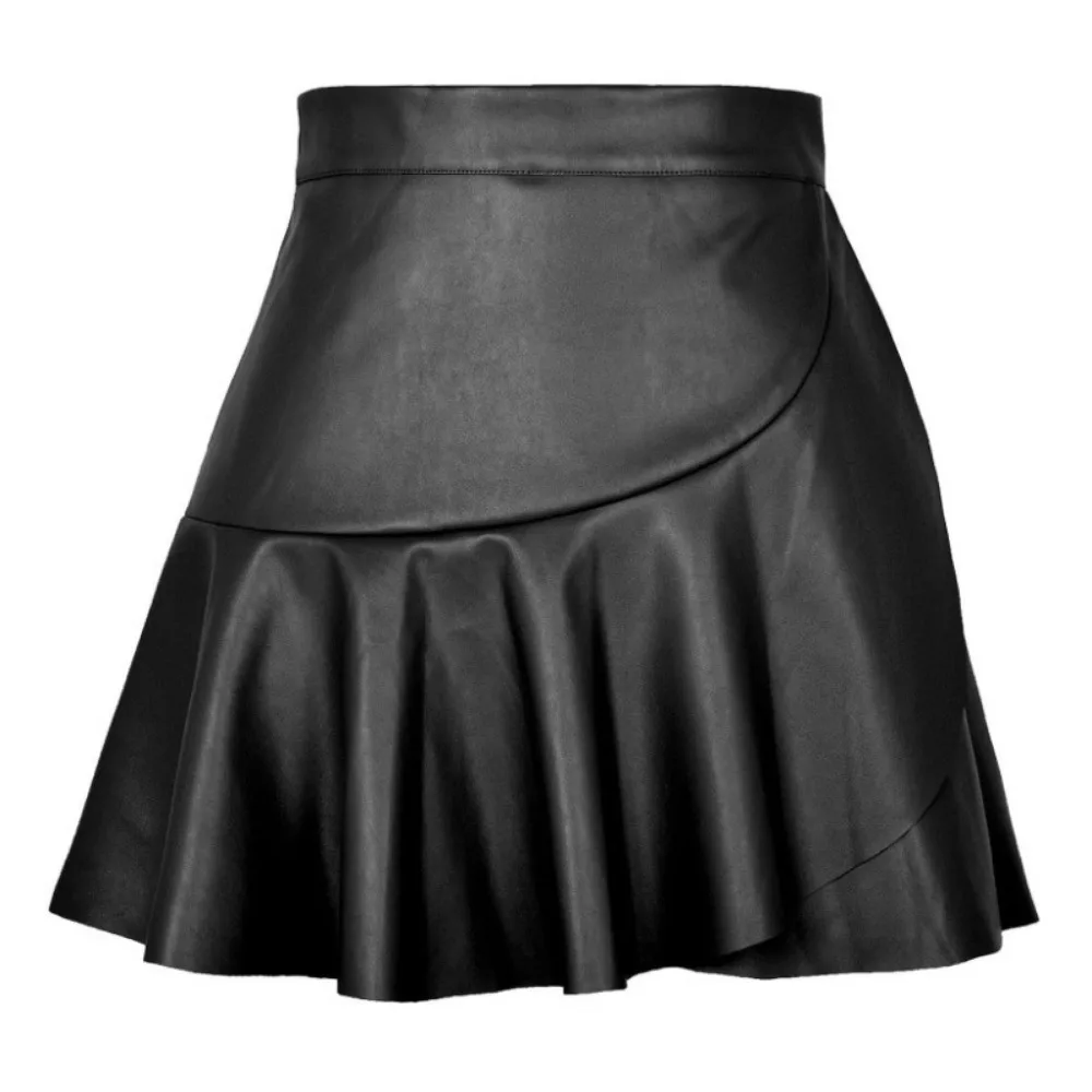 2024 Women's Fashion Faux Leather Ruffles Mini Skirts Ladies Streetwear PU Punk Sexy Club Ruffles Skirt for Female All Season
