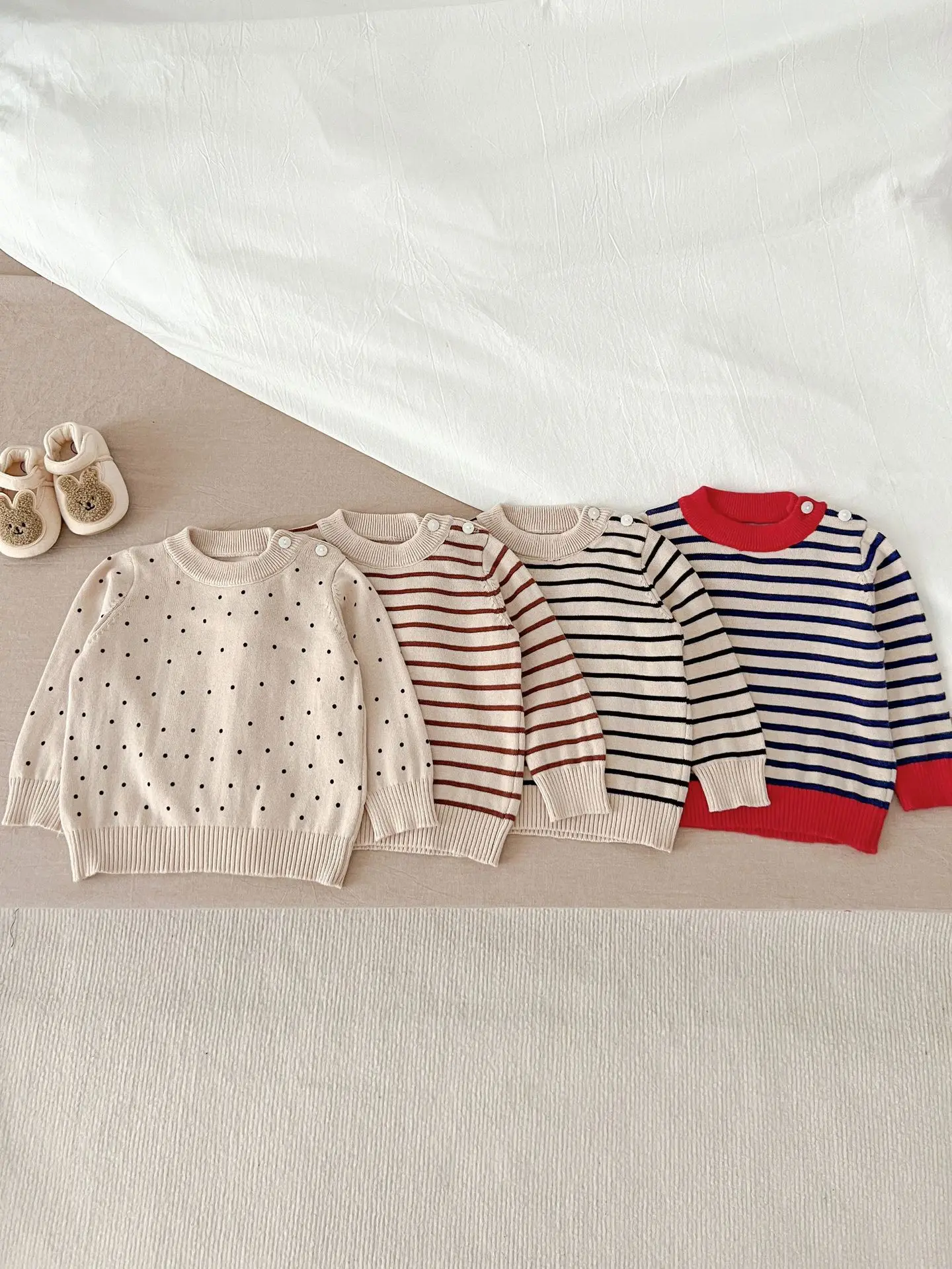 Spring And Autumn Newborn Infant Baby Boys And Girls Knit Top Shirt Stripe Round Dot Sweater