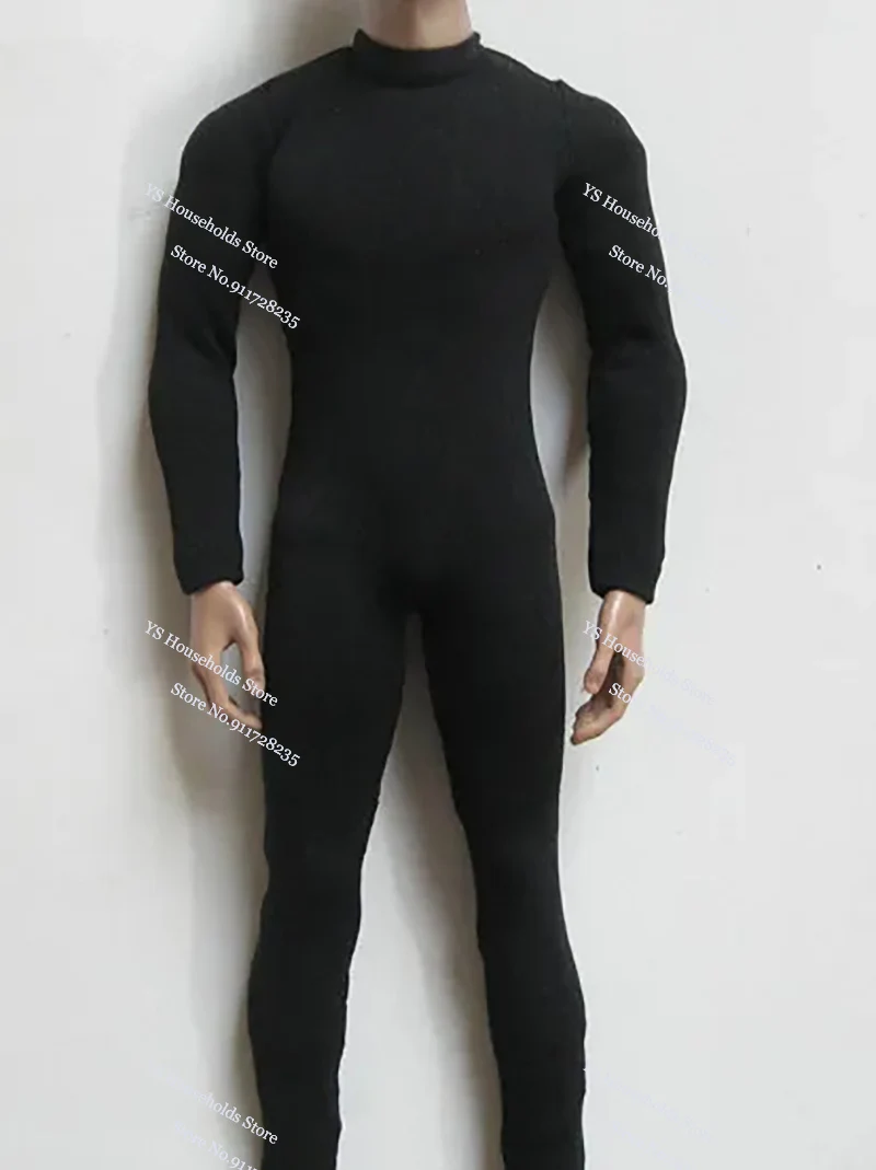 1/6 Men Solider Black Muscular Body Tight Elastic Bodysuit Round Neck Long Sleeves Even Feet Jumpsuits Fit 12" Male Muscle Body
