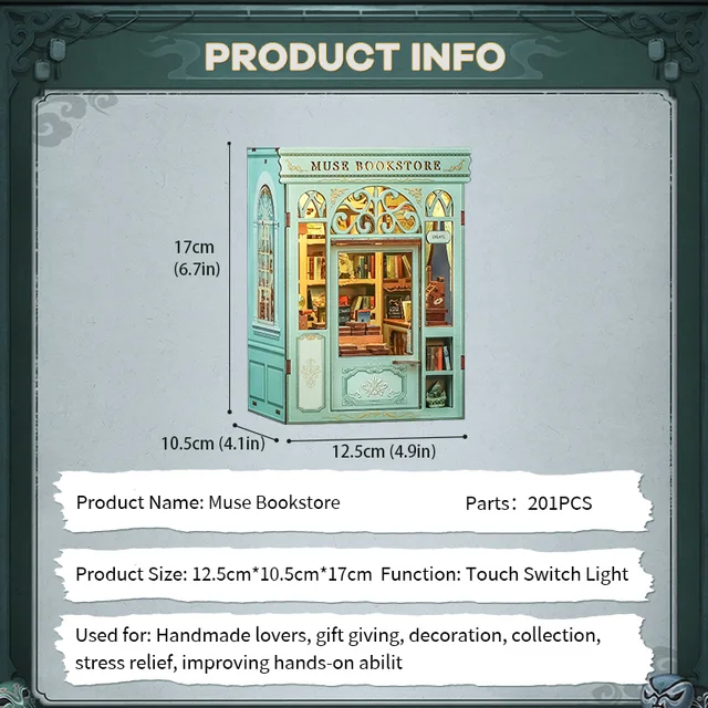 CUTEBEE DIY Book Nook Kit DIY Doll House with LED Light Bookshelf Insert Muse Bookstore Model Collection For Birthday Child Gift 4