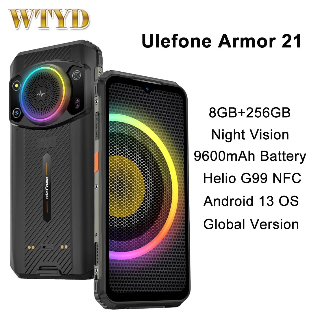 Ulefone Armor 21 Rugged Phone, Infinite Halo 122dB Speaker, MTk Helio G99  16GB+256GB, 64MP+24MP Night Vision Camera, 6.58 FHD+ 120Hz Screen,  9600mAh, Android 13, IR Blaster/NFC/Dock Charging