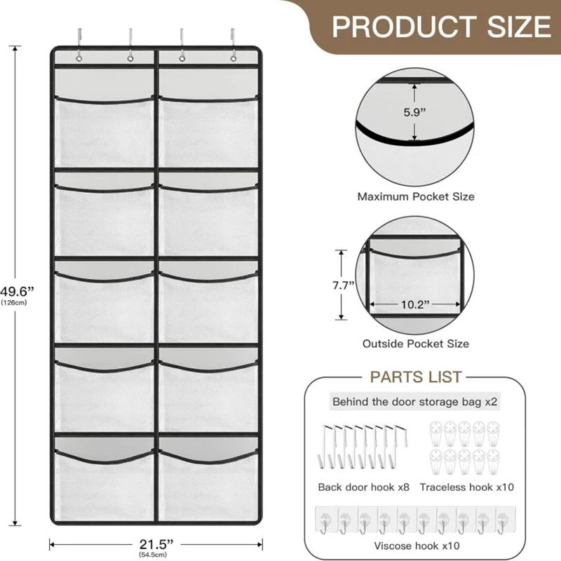 Over The Door Organizer with 5 Large Pockets Hanging Storage Shelves Grey 5