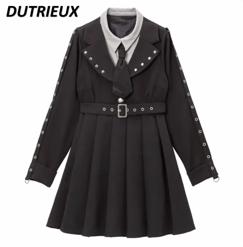 

Sweet Cute Girls Black Dress Japanese Mine College Style Tie Lapel Belt Slimming False Two-Piece Long Sleeve Dress for Women