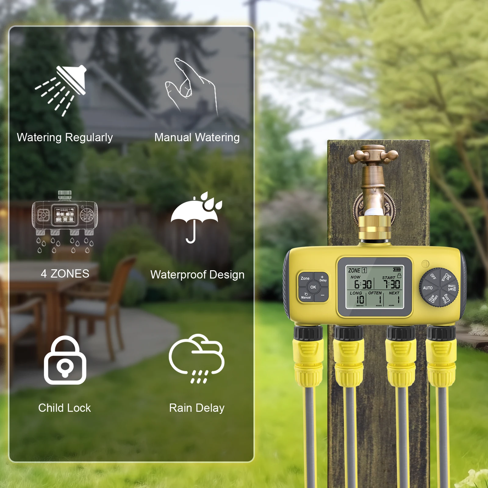 Water Timer for Garden Hose 4 Zone/3 Zone Rain Delay Irrigation Controller Progr