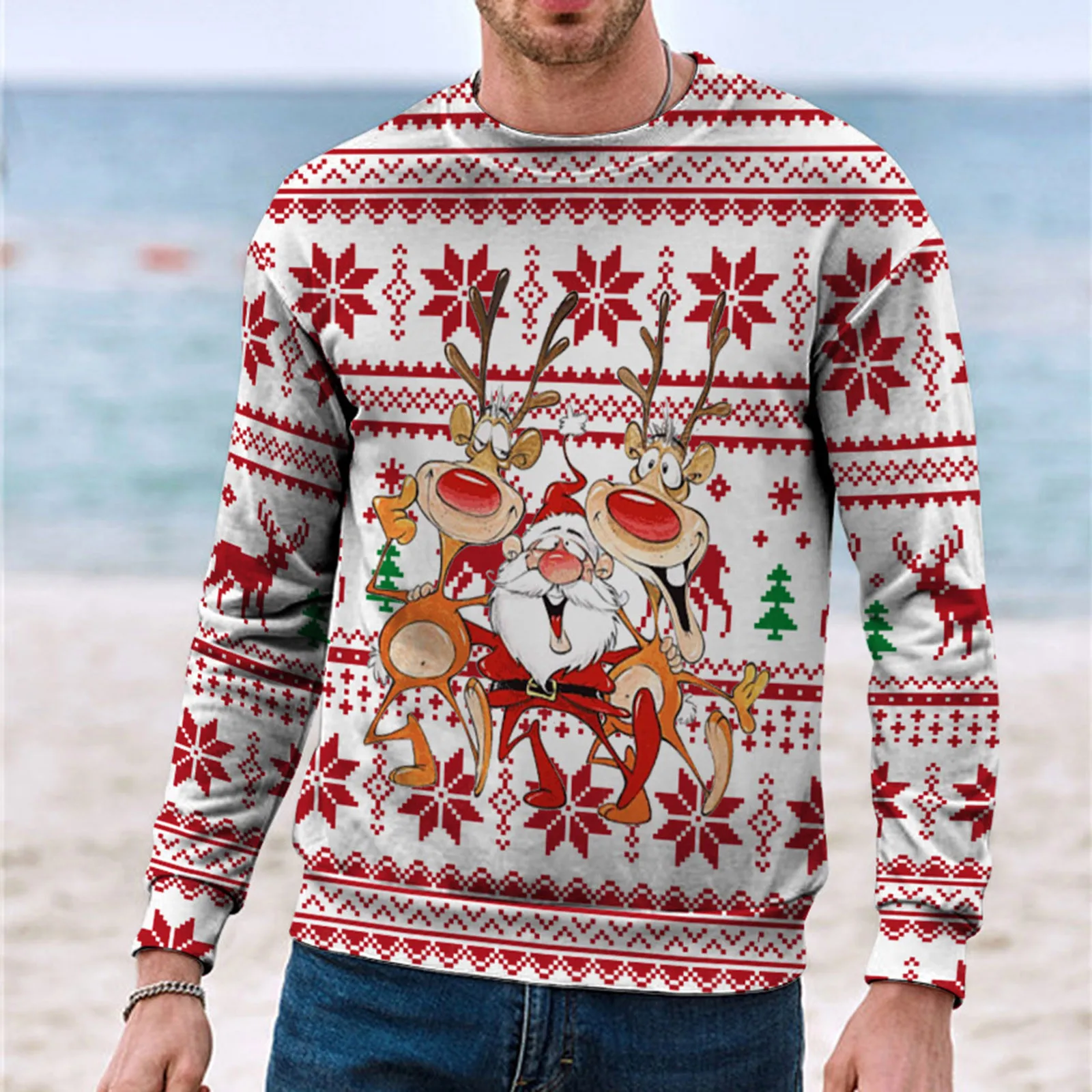 

Men Christmas Print Hoodie Graphic O-Neck Long Sleeve Pullover Couple Style Loose Xmas Sweatshirt Autumn Winter Warm Tracksuit