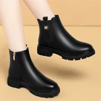 2024 British Style Women Chelsea Boots Square Heel Platform Comfortable Anti-slip Zip Ankle Boots Soft Leather Casual Boots - Image 4