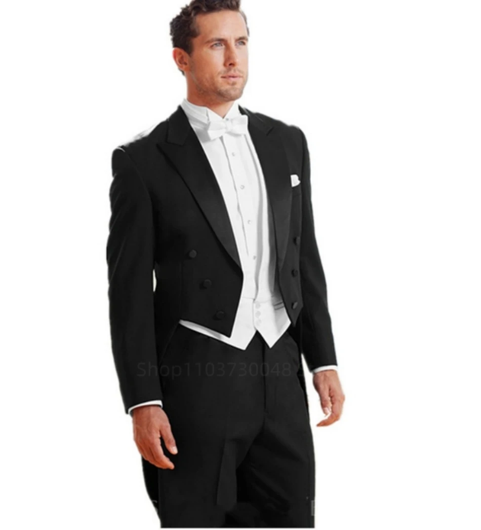 Wedding Men Tail Coat Black 3 Pieces Groom Tuxedo Tailcoat Suit Set Business Wedding Long Blazer Vest Pants Best Fashion Banquet