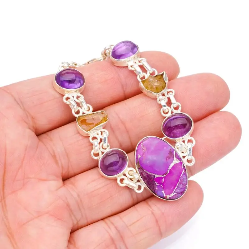 

StarGems Natural Copper Turquoise&Citrine Rough And Amethyst Handmade 925 Sterling Silver Bracelet 6 3/4-8 1/4" F6822