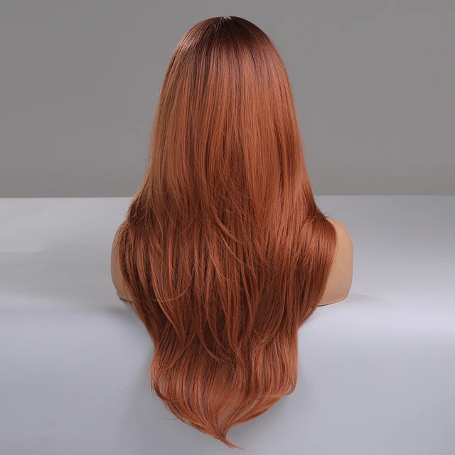 Reddish Brown Straight Layered Synthetic wig with Bangs Long hair Copper Ginger Wig for Women Daily Use Heat Resistant Wigs 4